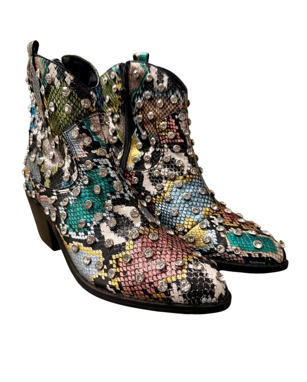 Betsey Johnson Jenkins Rhinestone Western Boots Multicolor Snakeskin Ankle 7